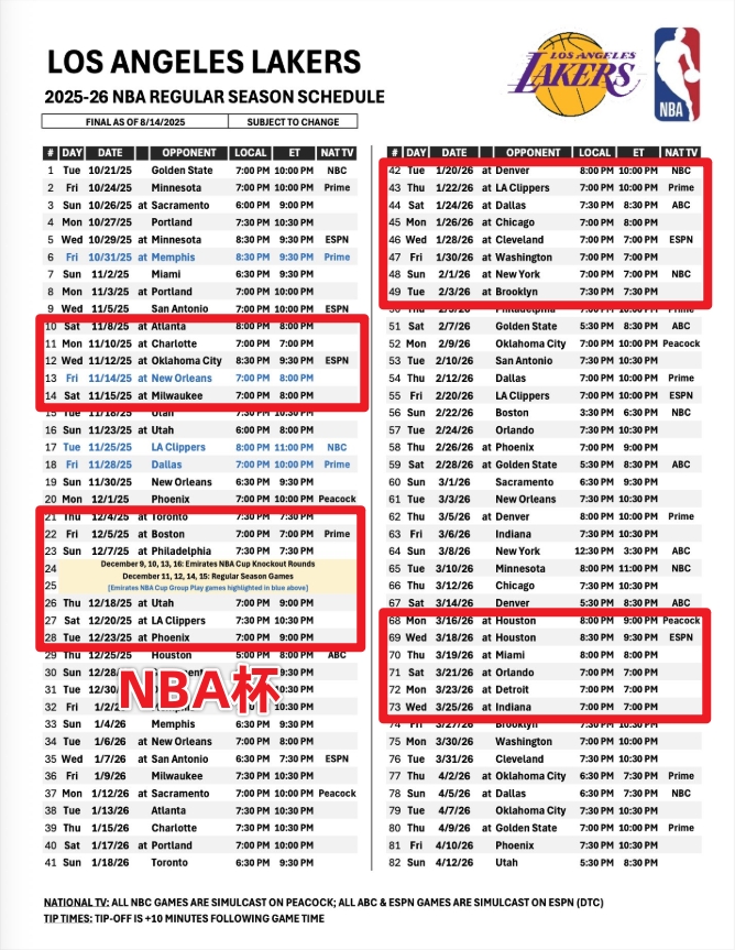 湖人新赛季将有14次背靠背、1次5连客、2次6连客和一次8连客